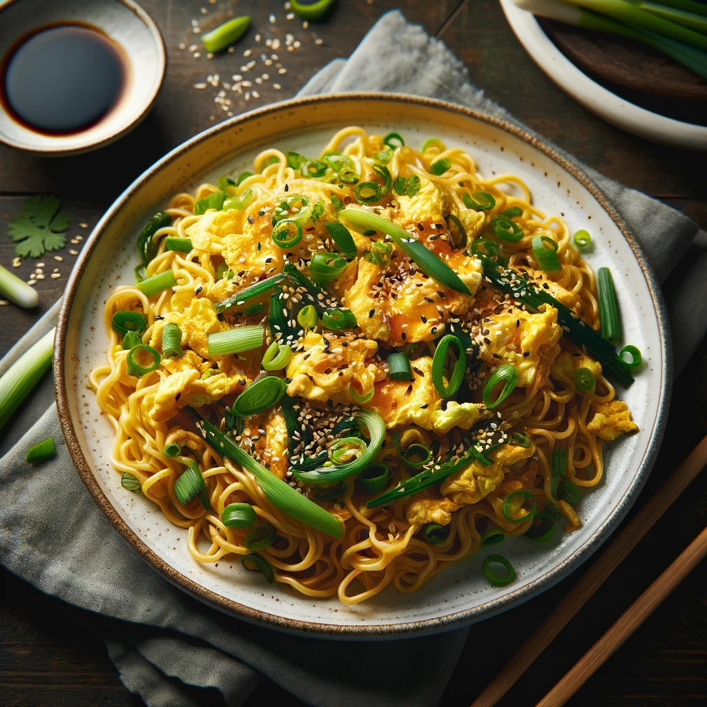 A savory plate of Asian stir-fry noodles with egg, garnished with green onions and sesame seeds.