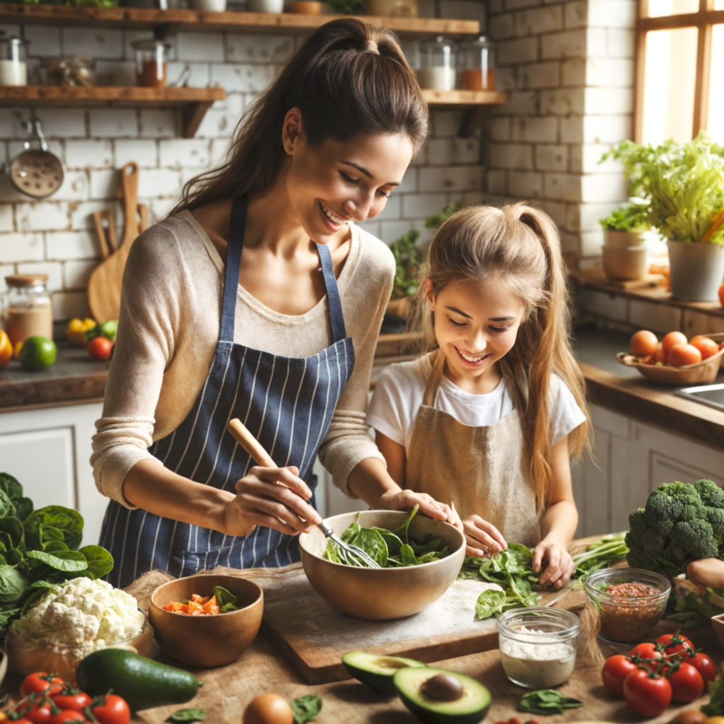Mother and daughter cooking together using a Plant-Based Cookbook.